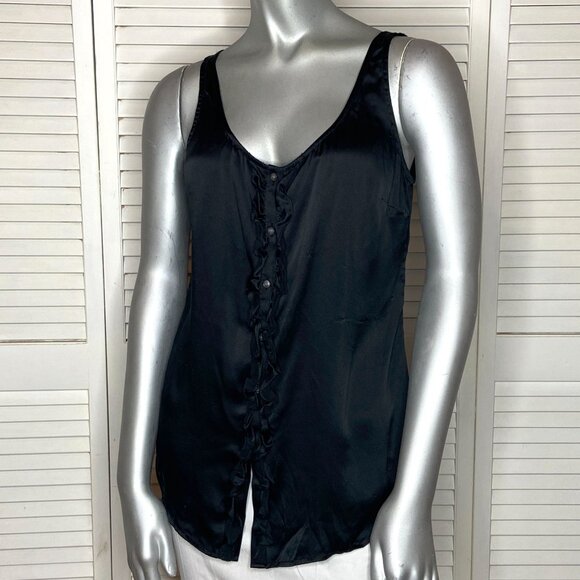 Martin + Osa Black 100% Silk Sleeveless Button Front Ruffled Scoop Neck Blouse 6 - Picture 4 of 7
